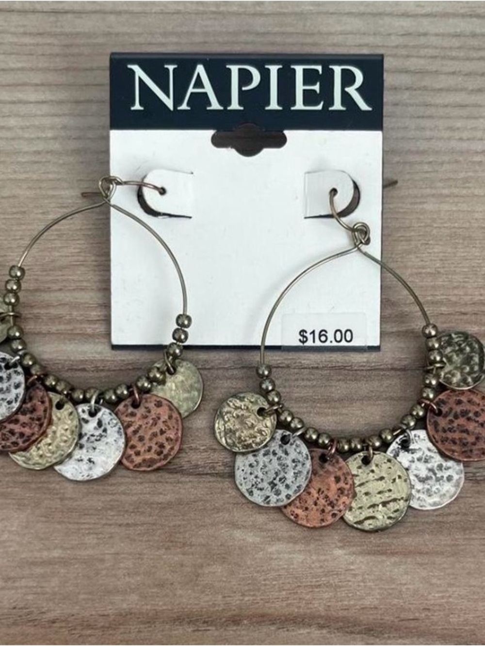 Napier Multi-Tone Disc Hoop Earrings - Brass, Copper & Silver Tone New